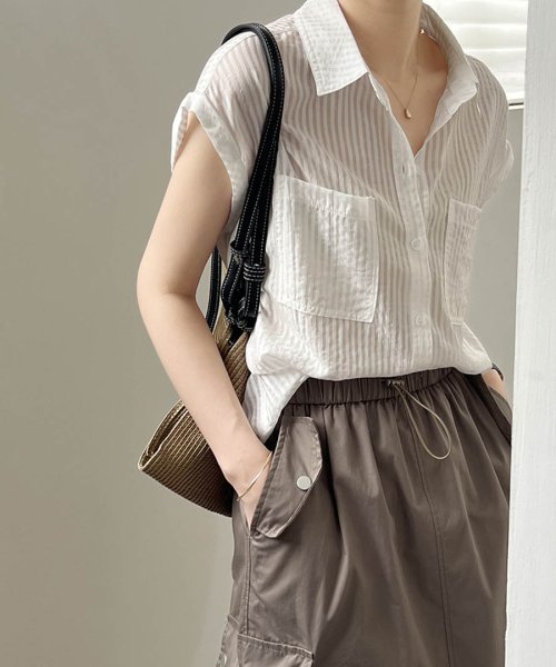 ARGO TOKYO(アルゴトウキョウ)/French Sleeve Big Pocket Stripe Blouse　23062 フレンチスリーブビッグポケットストライプブラウス　ストライプブラウス　/img05