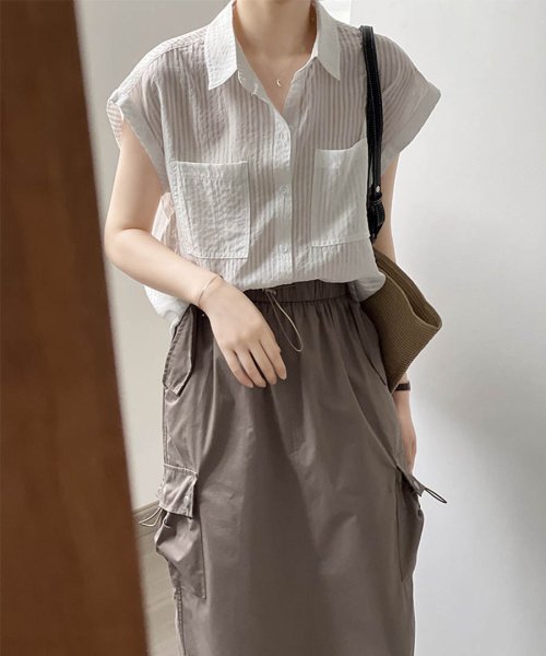 ARGO TOKYO(アルゴトウキョウ)/French Sleeve Big Pocket Stripe Blouse　23062 フレンチスリーブビッグポケットストライプブラウス　ストライプブラウス　/img13