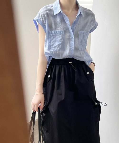 ARGO TOKYO(アルゴトウキョウ)/French Sleeve Big Pocket Stripe Blouse　23062 フレンチスリーブビッグポケットストライプブラウス　ストライプブラウス　/img21