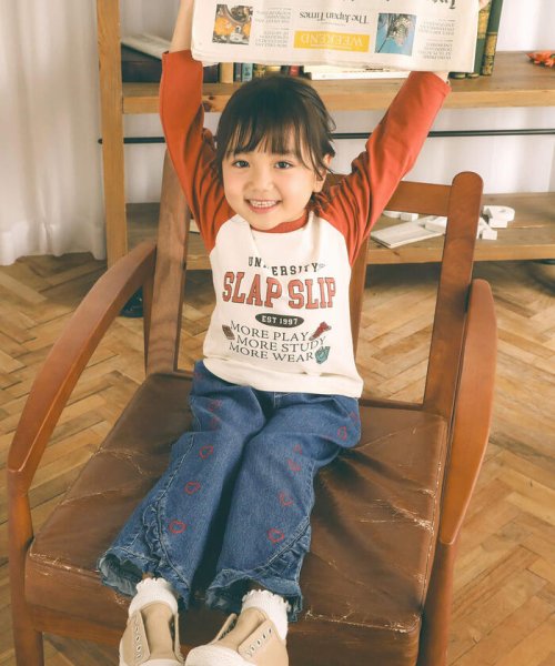 セール】らくのび裾フリルハートプリントストレッチデニムパンツ(90 