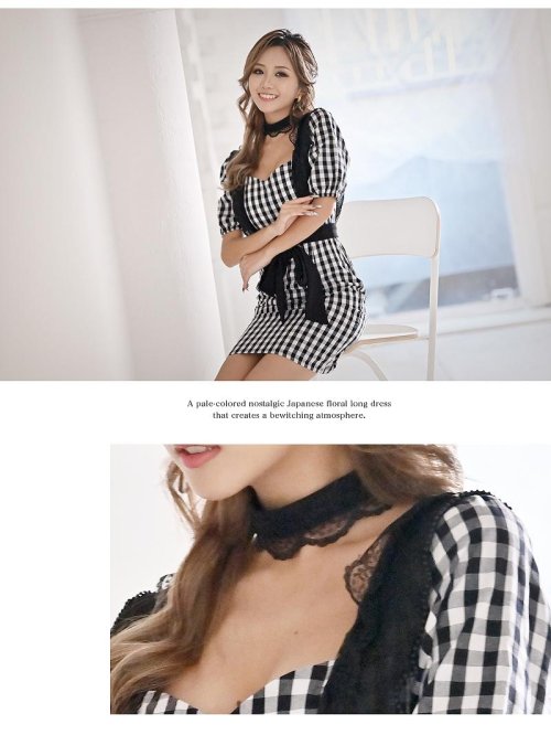 Rew-You(リューユ)/キャバドレス ミニ チェック 袖付き かわいい 韓国ドレス 体型カバー 青 ゆきぽよ 同伴 タイト ギンガムチェック Ryuyu/img04