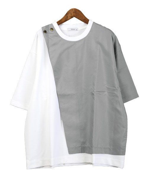LUXSTYLE(ラグスタイル)/ボタン付き異素材バイカラー5分袖Tシャツ/Tシャツ メンズ 5分袖 ビッグシルエット バイカラー 異素材 切替 配色/img10