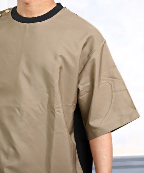 LUXSTYLE(ラグスタイル)/ボタン付き異素材バイカラー5分袖Tシャツ/Tシャツ メンズ 5分袖 ビッグシルエット バイカラー 異素材 切替 配色/img12