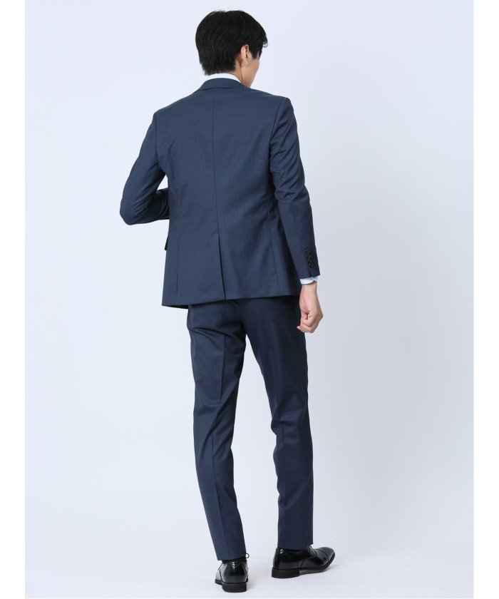 光沢ウール混 スリムフィット 2ボタン3ピーススーツ 組織青 メンズ セットアップ ジャケット ビジネス カジュアル 通勤 仕事
