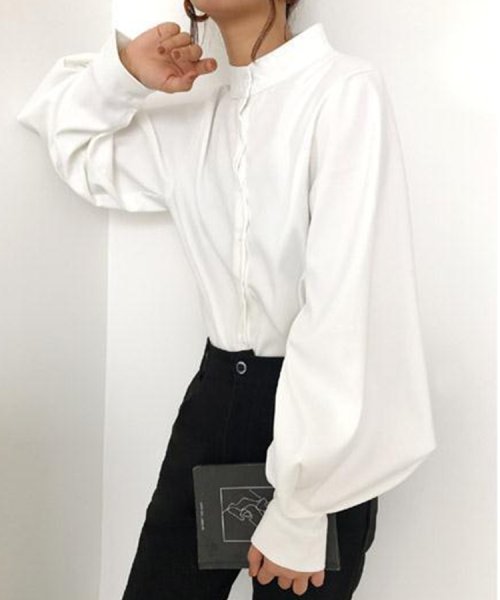 SEU(エスイイユウ)/スタンドカラーボリュームスリーブブラウス ゆったり オーバーサイズ 体型カバー 韓国ファッション/img07