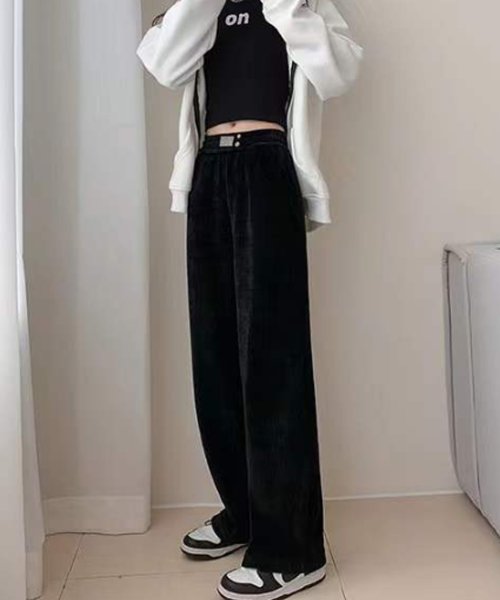 Dewlily(デューリリー)/コーデュロイワイドパンツ 韓国ファッション 10代 20代 30代 脚長効果 ハイウエスト ウエストゴム ゆったり シンプル 大人 きれいめ/img04