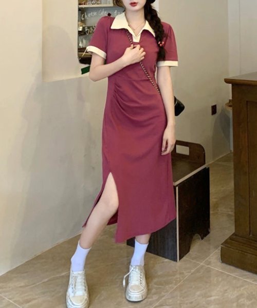Dewlily(デューリリー)/ポロシャツ風ワンピース 韓国ファッション 10代 20代 30代 サイドスリット 可愛い 半袖 ポロネック スポーティー カジュアル 大人 シンプル/img01
