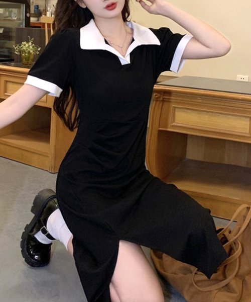 Dewlily(デューリリー)/ポロシャツ風ワンピース 韓国ファッション 10代 20代 30代 サイドスリット 可愛い 半袖 ポロネック スポーティー カジュアル 大人 シンプル/img06