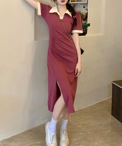 Dewlily(デューリリー)/ポロシャツ風ワンピース 韓国ファッション 10代 20代 30代 サイドスリット 可愛い 半袖 ポロネック スポーティー カジュアル 大人 シンプル/img11