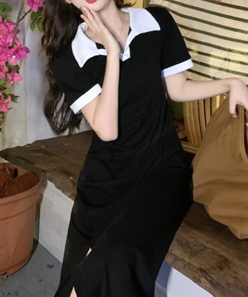 Dewlily(デューリリー)/ポロシャツ風ワンピース 韓国ファッション 10代 20代 30代 サイドスリット 可愛い 半袖 ポロネック スポーティー カジュアル 大人 シンプル/img15