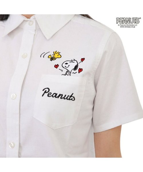 PEANUTS( ピーナッツ)/スヌーピー ロング オックスフォード シャツ 半袖 ポケット 刺繍 チュニック M L レディース/img04