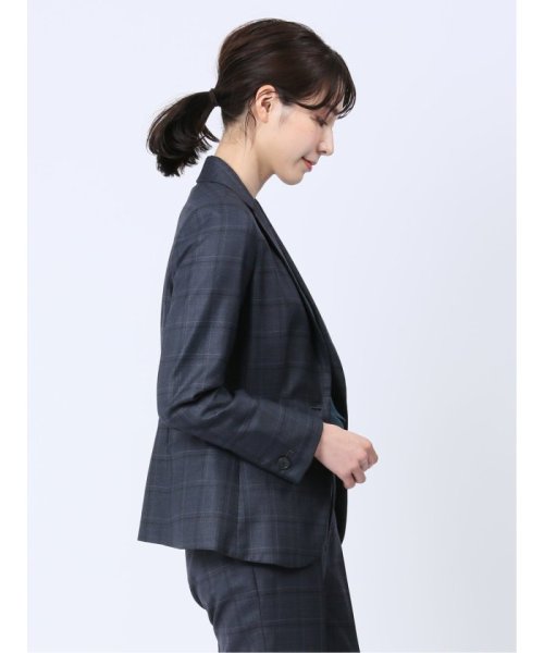 セール】ウール混チェック柄 1ボタンジャケット 紺 レディース  