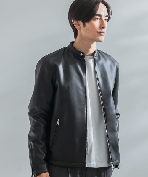 Onegravity フード付き黒フェイクレザーコート one gravity シングル 