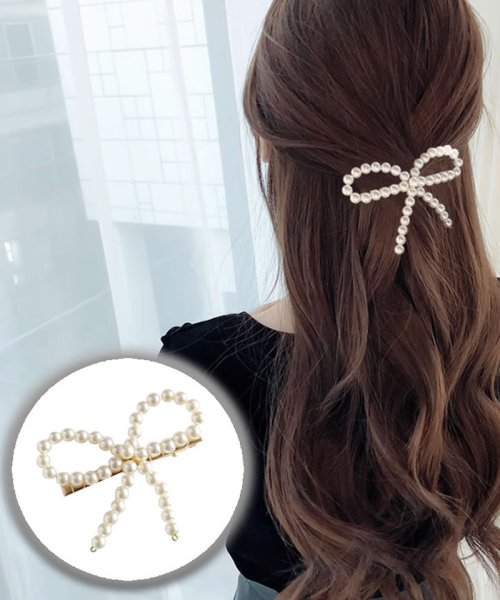 shoppinggo(ショッピングゴー)/ヘアピン リボン パールビーズヘアピン パッチン留め かわいい ヘアアクセサリー パールホワイト 子ども おしゃれ/img01