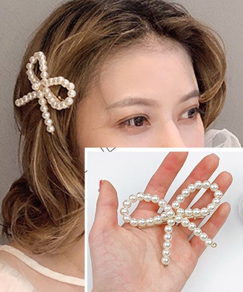 shoppinggo(ショッピングゴー)/ヘアピン リボン パールビーズヘアピン パッチン留め かわいい ヘアアクセサリー パールホワイト 子ども おしゃれ/img06