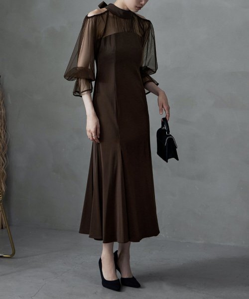 etoll. エトル カットアウトマーメイドドレス ワンピ ワンピース ドレス オケージョン 長袖 オケワンピ マーメイドワンピ シフォン ロング マキシ丈 ハ 5cm エトル