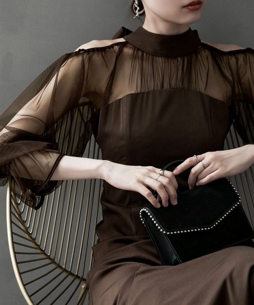 etoll. エトル カットアウトマーメイドドレス ワンピ ワンピース ドレス オケージョン 長袖 オケワンピ マーメイドワンピ シフォン ロング マキシ丈 ハ 5cm エトル