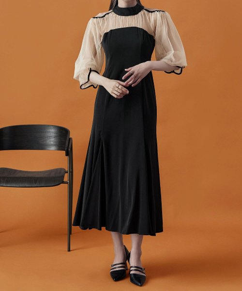 etoll. エトル カットアウトマーメイドドレス ワンピ ワンピース ドレス オケージョン 長袖 オケワンピ マーメイドワンピ シフォン ロング マキシ丈 ハ 5cm エトル