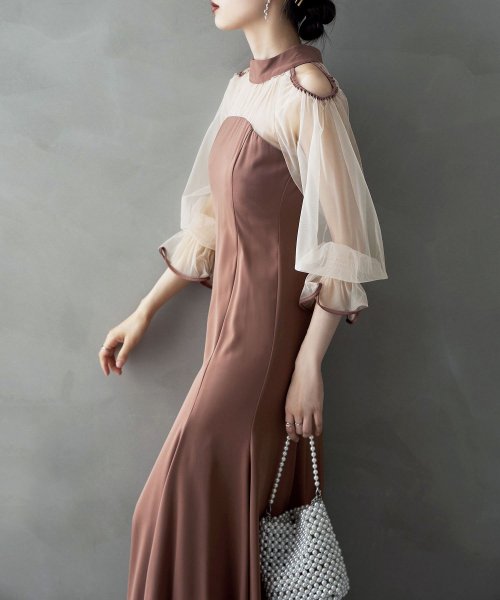 etoll. エトル カットアウトマーメイドドレス ワンピ ワンピース ドレス オケージョン 長袖 オケワンピ マーメイドワンピ シフォン ロング マキシ丈 ハ 5cm エトル