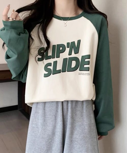 shopnikoniko(ショップにこにこ)/ロゴプリント ラグラン ロングTシャツ 【即納】 トップス カットソー ロンT ロゴT トレーナー 長袖 ラグラン バイカラー 配色 英字ロゴ フロントロゴ 薄/img02