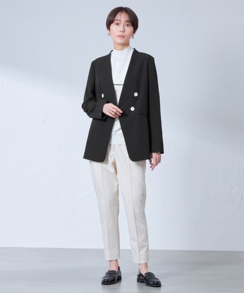 【NAVY】【着心地抜群/セットアップ】ダブルボタンノーカラージャケット 