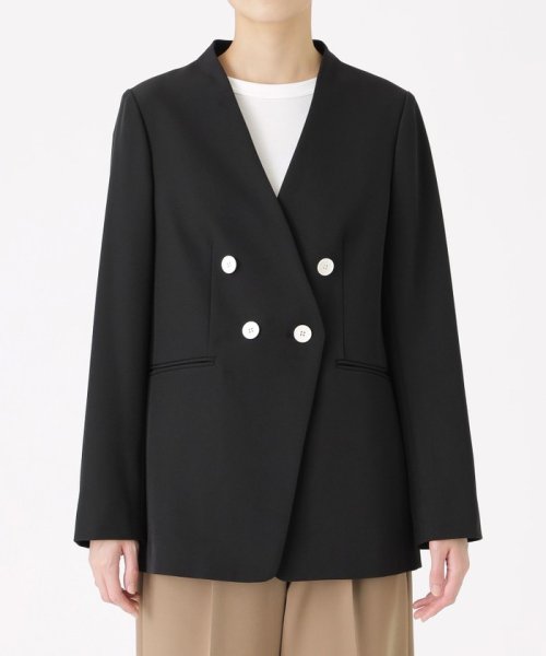 【NAVY】【着心地抜群/セットアップ】ダブルボタンノーカラージャケット 