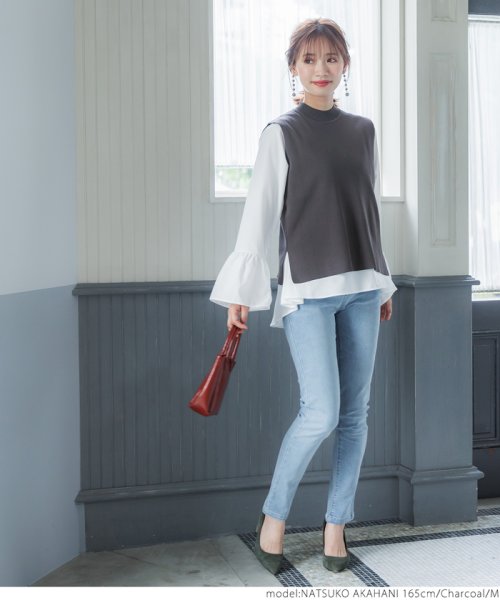 パール付きベストセットブラウス（袖フリル/2way/ペプラム/前後差/長袖/クルーネック） 人気・おすすめ｜使いやすい・旅行におすすめ 品質保証 全国発送 日本国内発送・最短翌日お届け