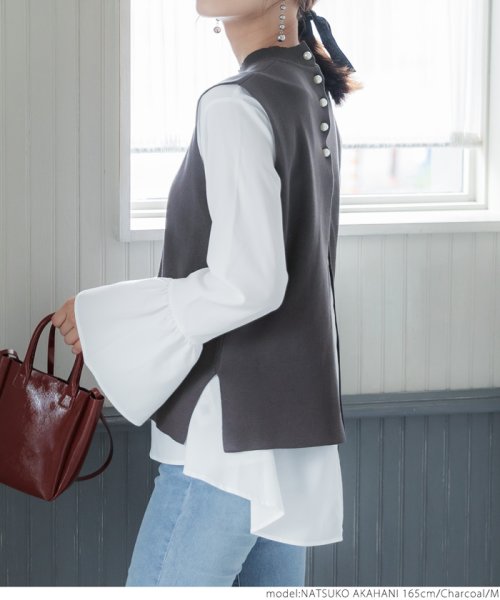 パール付きベストセットブラウス（袖フリル/2way/ペプラム/前後差/長袖/クルーネック） 人気・おすすめ｜使いやすい・旅行におすすめ 品質保証 全国発送 日本国内発送・最短翌日お届け