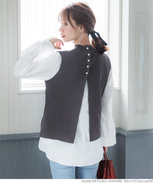 パール付きベストセットブラウス（袖フリル/2way/ペプラム/前後差/長袖/クルーネック） 人気・おすすめ｜使いやすい・旅行におすすめ 品質保証 全国発送 日本国内発送・最短翌日お届け