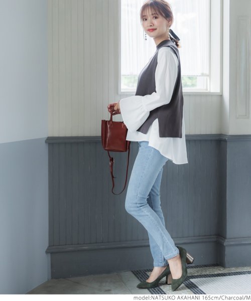 パール付きベストセットブラウス（袖フリル/2way/ペプラム/前後差/長袖/クルーネック） 人気・おすすめ｜使いやすい・旅行におすすめ 品質保証 全国発送 日本国内発送・最短翌日お届け