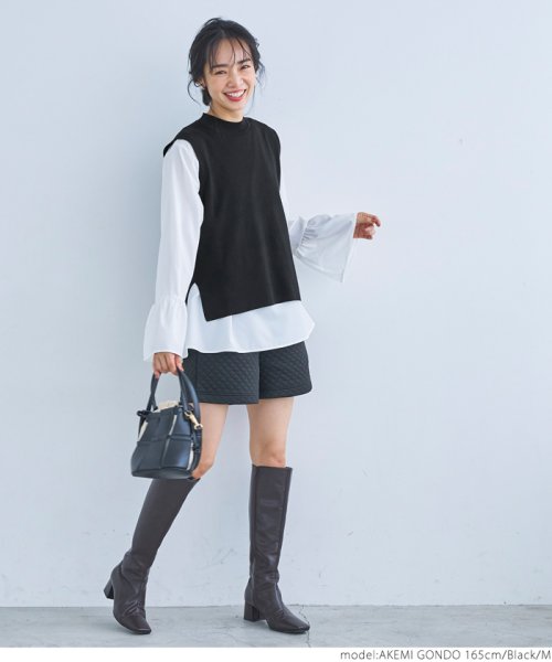 パール付きベストセットブラウス（袖フリル/2way/ペプラム/前後差/長袖/クルーネック） 人気・おすすめ｜使いやすい・旅行におすすめ 品質保証 全国発送 日本国内発送・最短翌日お届け