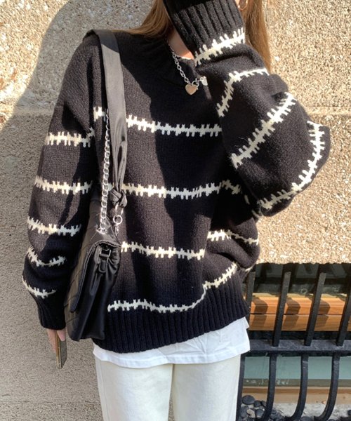Amulet(アミュレット)/ふわふわボーダーニット 秋 冬 韓国ファッション 10代 20代 30代 レディース 暖かい 可愛い 大人カジュアル シンプル 黒 白 リブ おしゃれ/img02