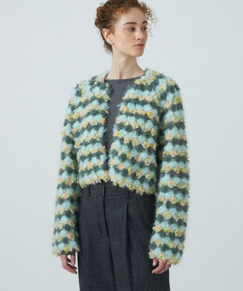 フラワーパイル ショートカーディガン 