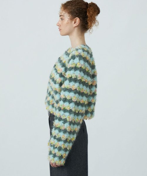 フラワーパイル ショートカーディガン 