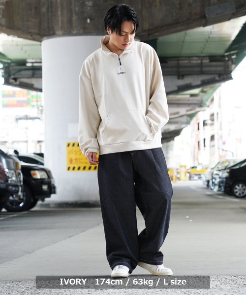 1111clothing(ワンフォークロージング)/オーバーサイズ ハーフジップ スウェット メンズ スエード トレーナー レディース ワンポイント ロゴ 刺繍 ビッグシルエット トップス 長袖/img08