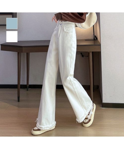 裾フリンジワイドデニムパンツ