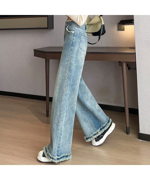 裾フリンジワイドデニムパンツ