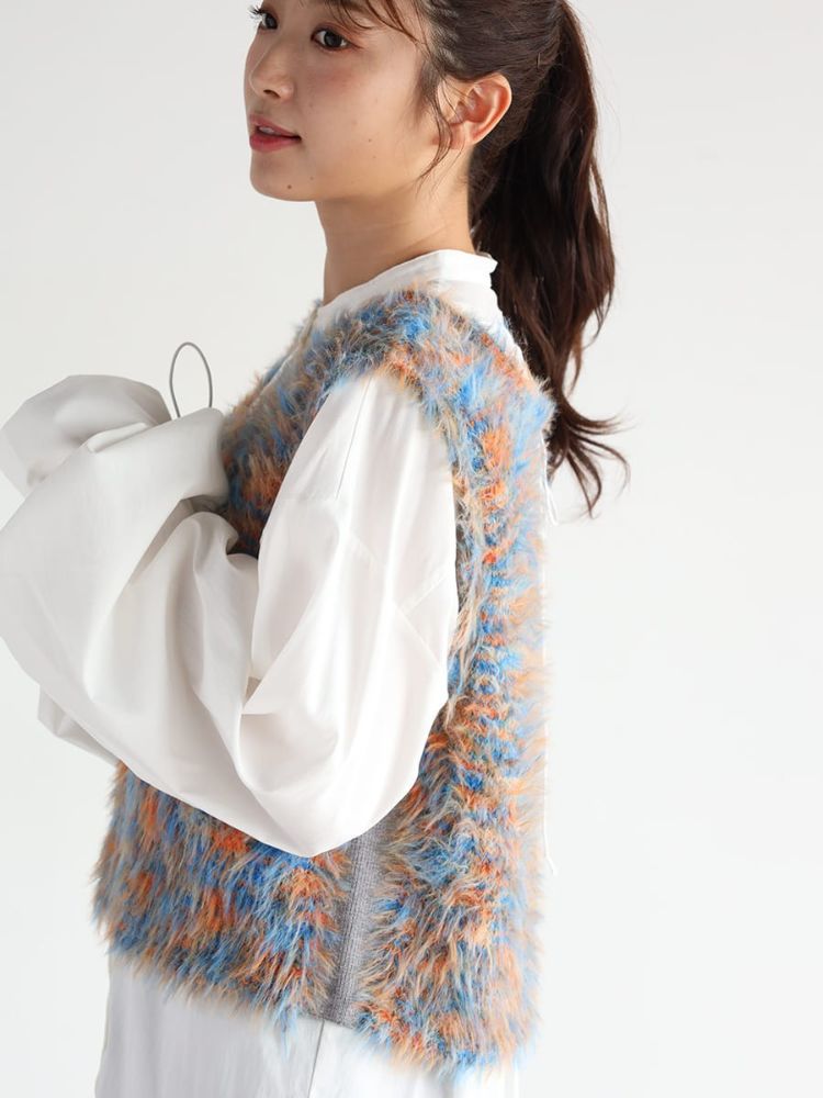 ヴァン Vin ミックスカラーシャギーニットベスト （ブルー） ヴァン Vin ミックスカラーシャギーニットベスト （ブルー