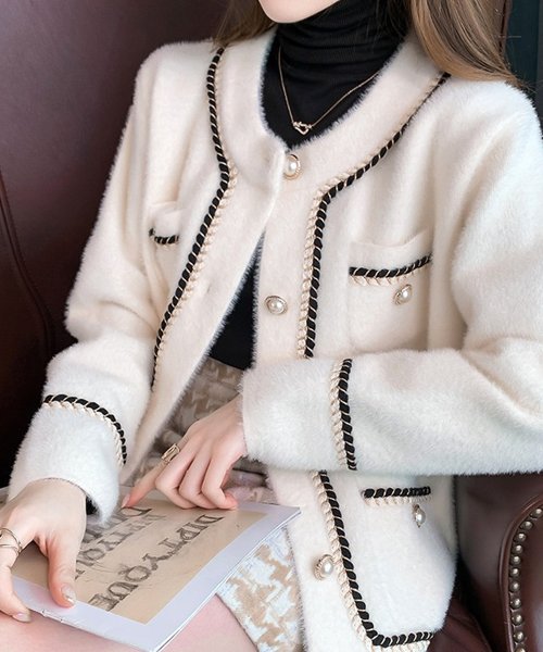 Amulet(アミュレット)/ツイード風ノーカラージャケット 秋 冬 韓国ファッション 10代 20代 30代 レディース 暖かい 可愛い 上品 綺麗め アウター 黒 白 デート/img10