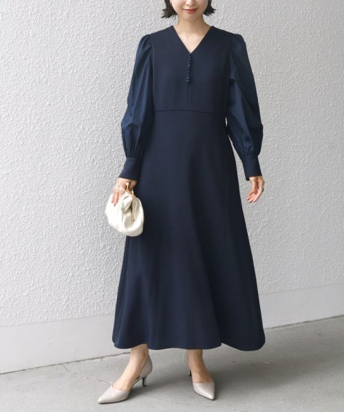 〈手洗い可能〉異素材 コンビ フロント ボタン ワンピース ◇ 