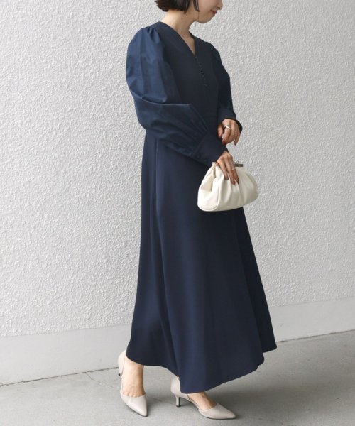 〈手洗い可能〉異素材 コンビ フロント ボタン ワンピース ◇ 