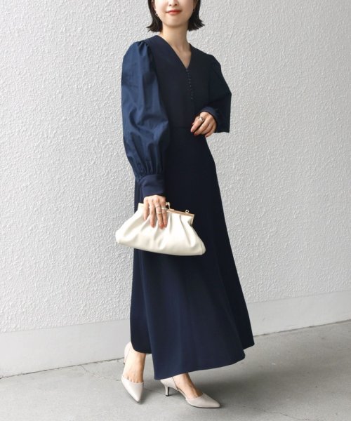 〈手洗い可能〉異素材 コンビ フロント ボタン ワンピース ◇ 