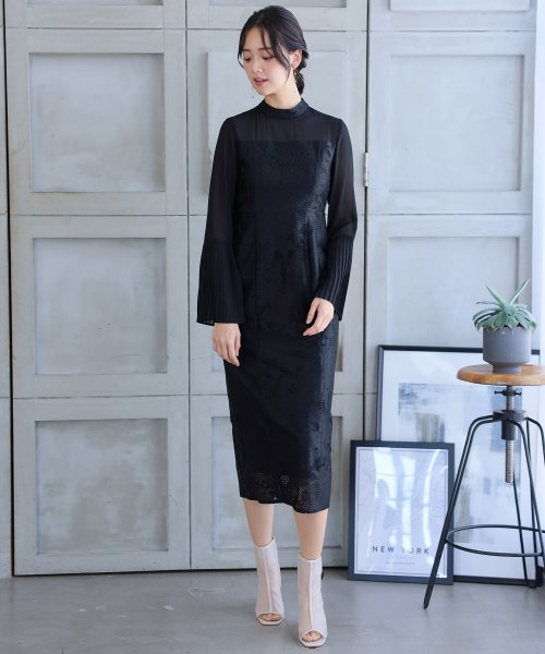 袖プリーツレース切替ワンピース 