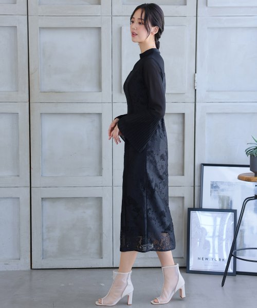 袖プリーツレース切替ワンピース 