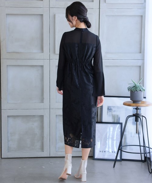 袖プリーツレース切替ワンピース 