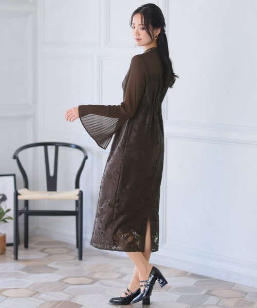 袖プリーツレース切替ワンピース 