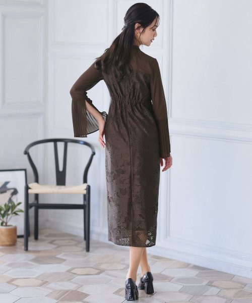 袖プリーツレース切替ワンピース 