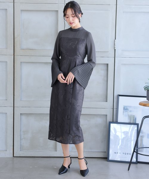 袖プリーツレース切替ワンピース 