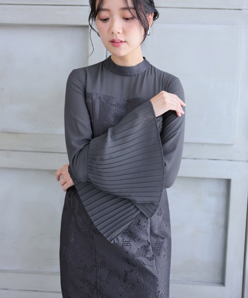 袖プリーツレース切替ワンピース 