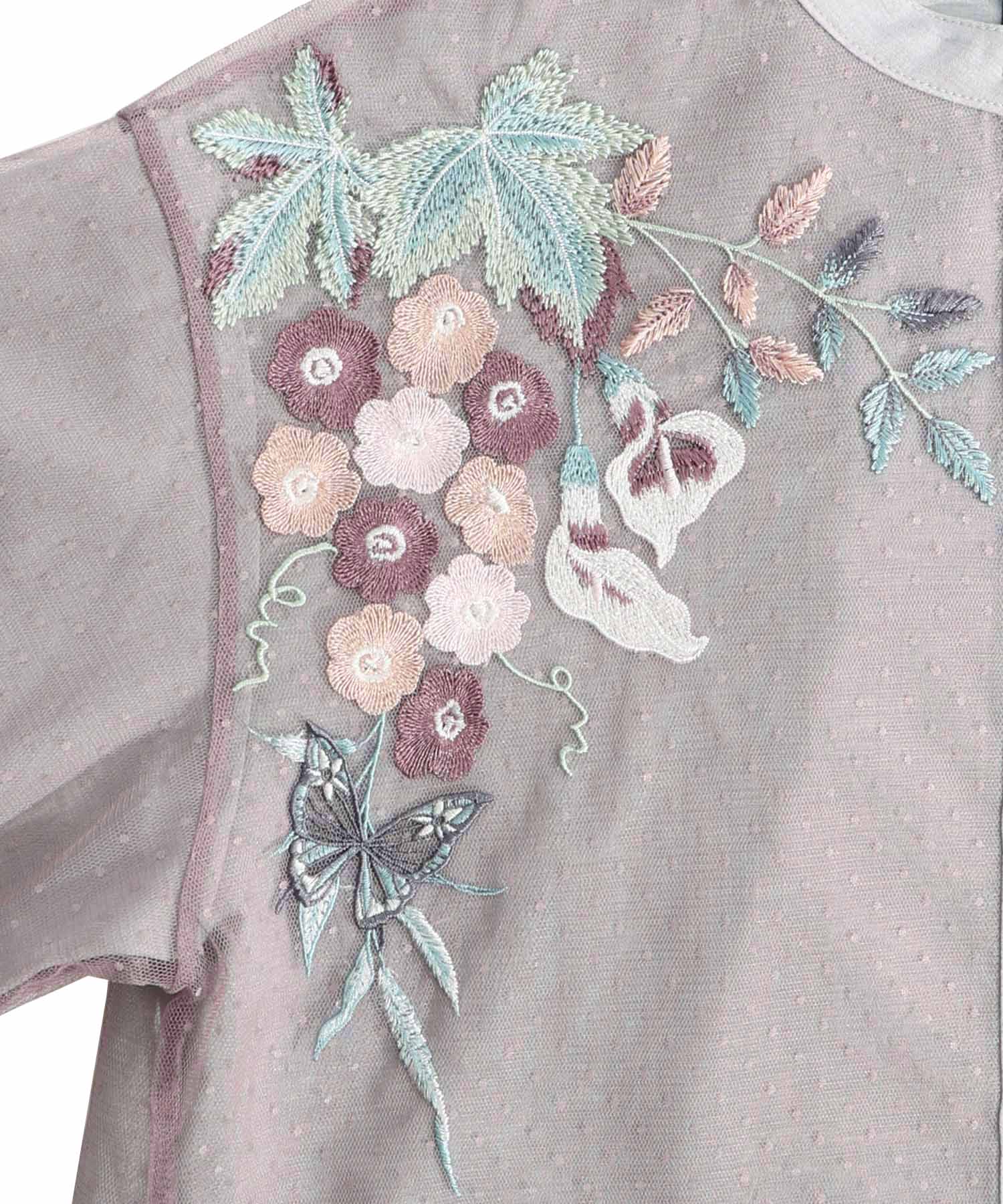 フェイク麻×ドットチュール 花蝶刺繍シャツブラウス